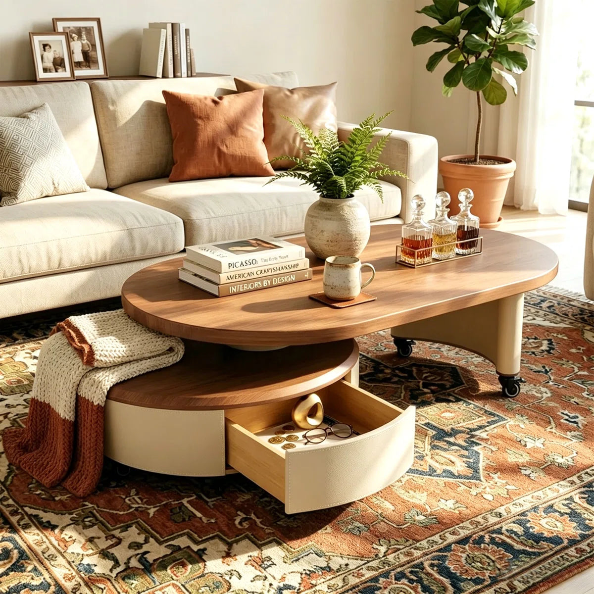 47" Modern 2-Way Sliding Expandable Coffee Table with Wheels & Hidden Drawer Storage