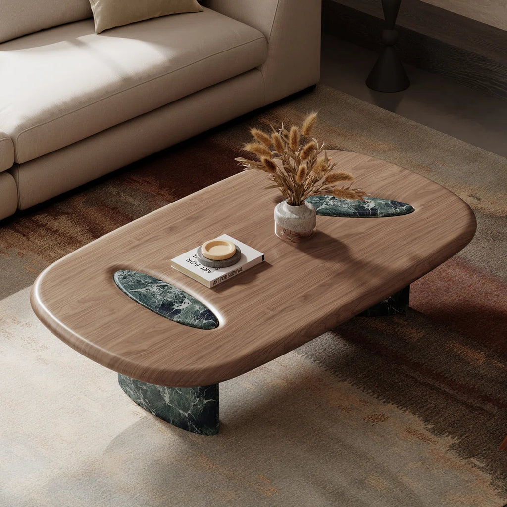 Modern Organic Oval Coffee Table with Faux Marble (Green Finish)