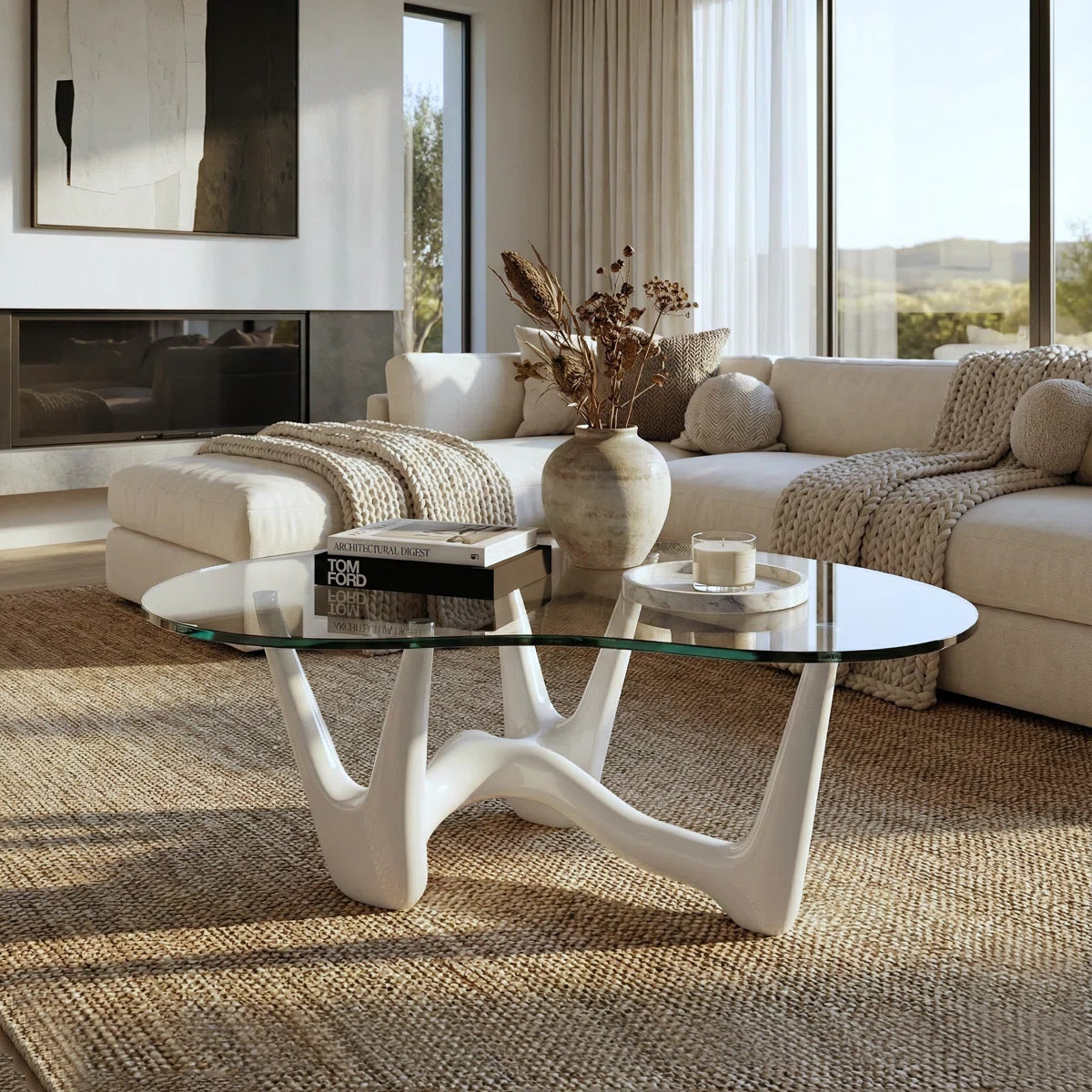 43" Abstract Triangle Glass Coffee Table with Sculptural White Base