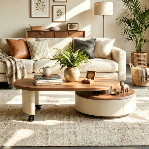 47" Modern 2-Way Sliding Expandable Coffee Table with Wheels & Hidden Drawer Storage