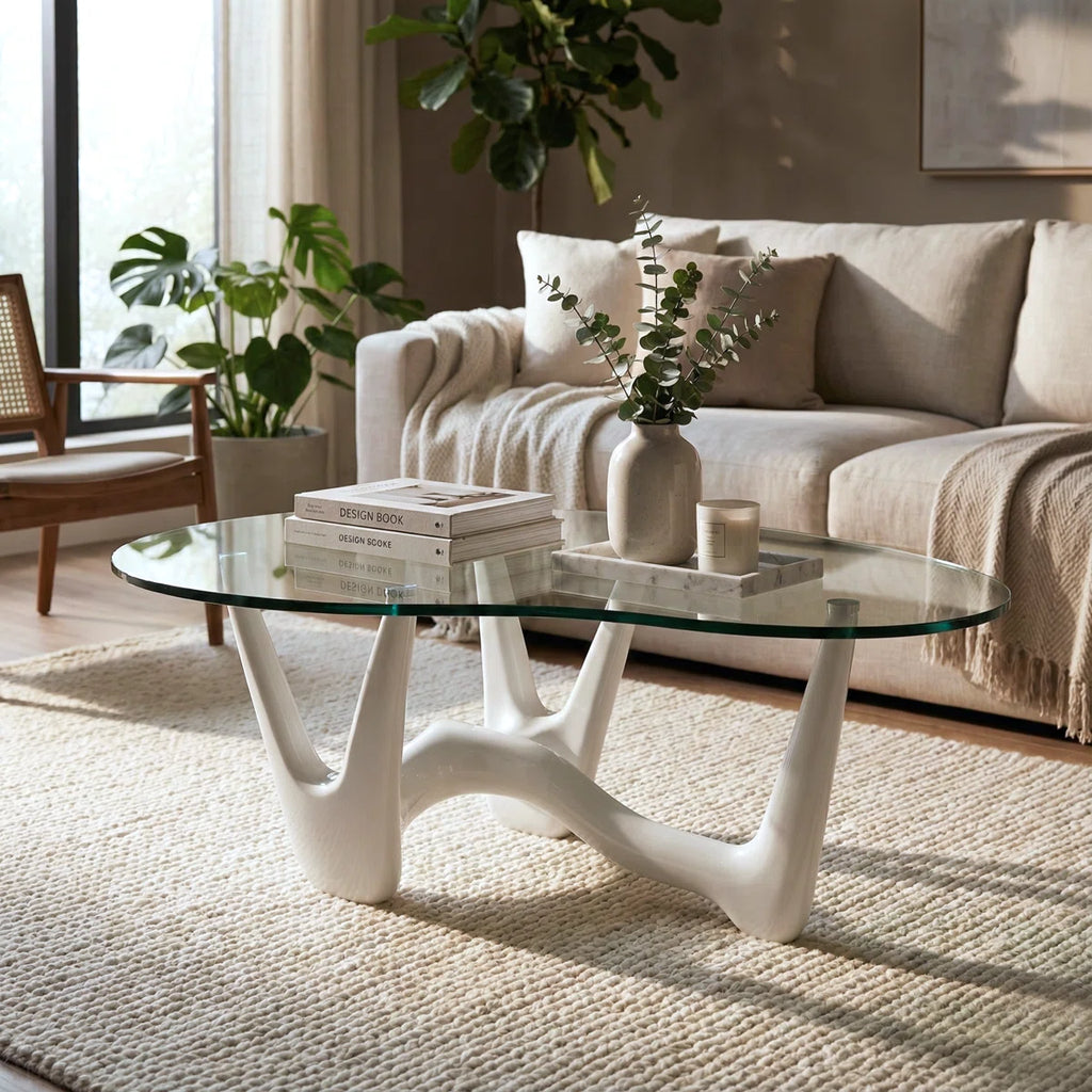 43" Abstract Triangle Glass Coffee Table with Sculptural White Base
