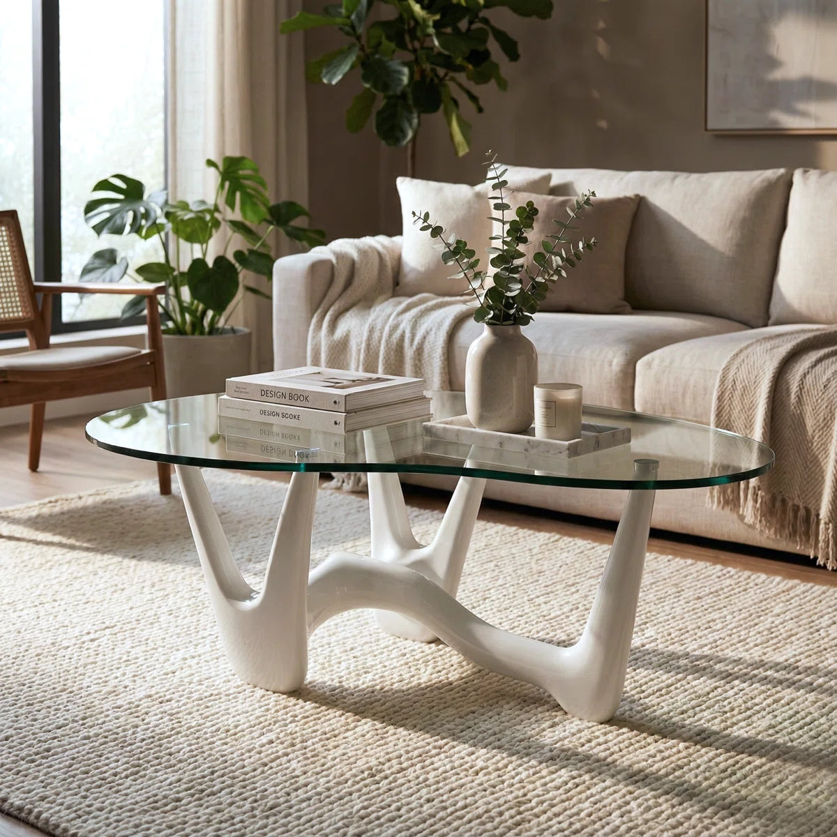 43" Abstract Triangle Glass Coffee Table with Sculptural White Base