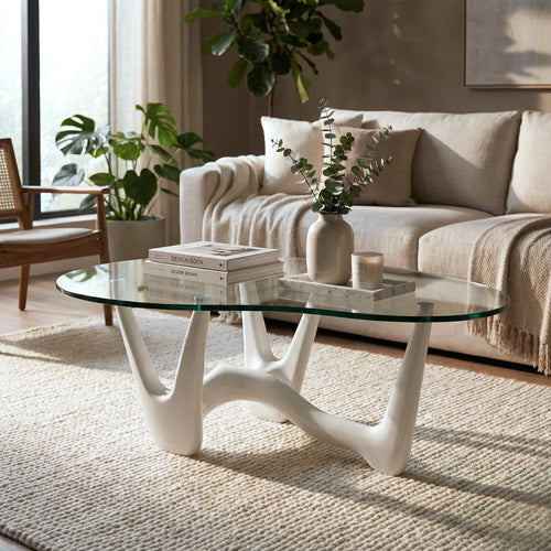 43" Abstract Triangle Glass Coffee Table with Sculptural White Base