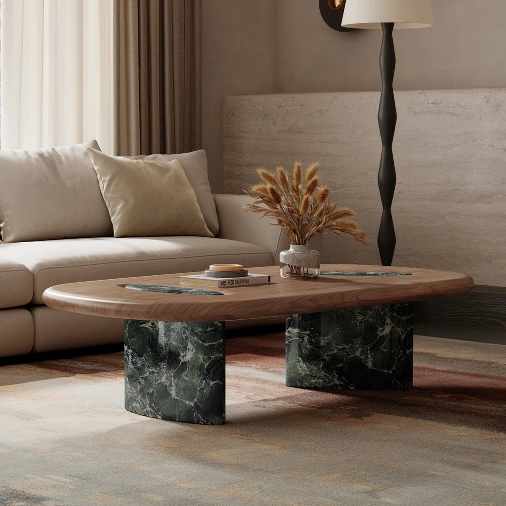Modern Organic Oval Coffee Table with Faux Marble (Green Finish)