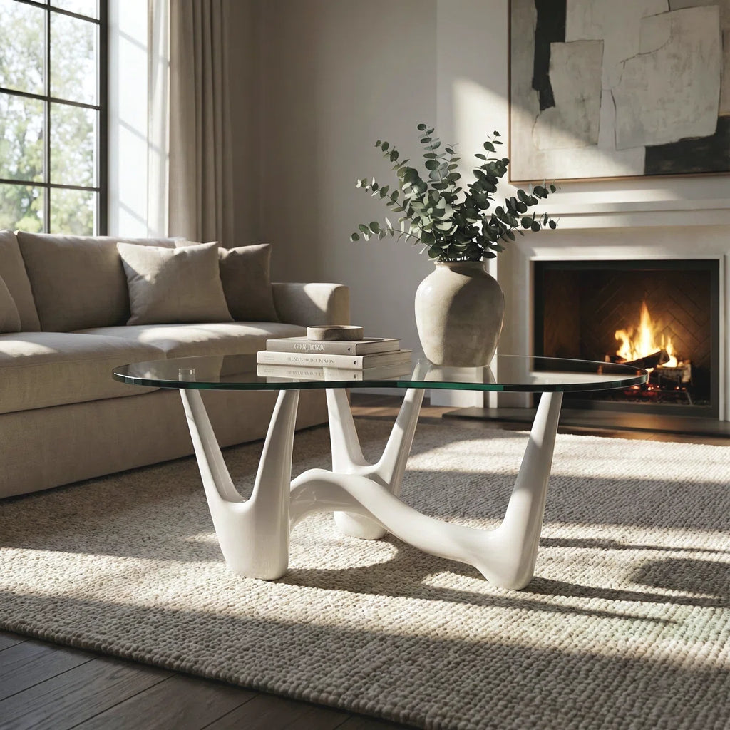 43" Abstract Triangle Glass Coffee Table with Sculptural White Base