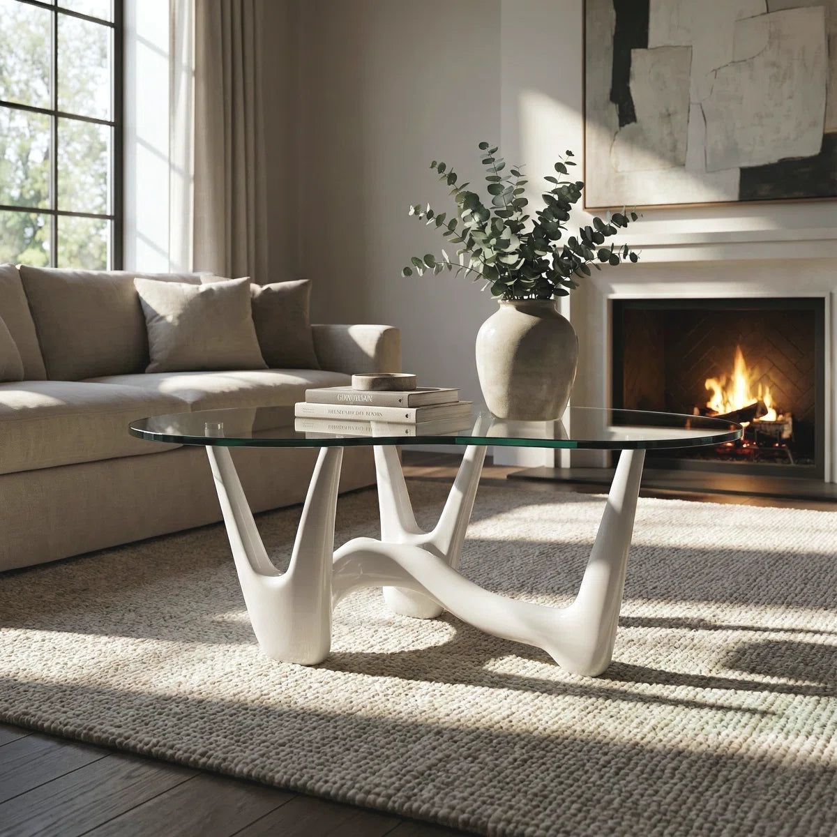 43" Abstract Triangle Glass Coffee Table with Sculptural White Base