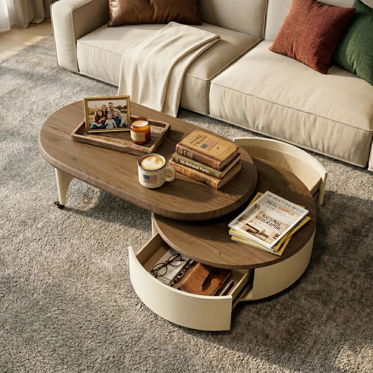 47" Modern 2-Way Sliding Expandable Coffee Table with Wheels & Hidden Drawer Storage
