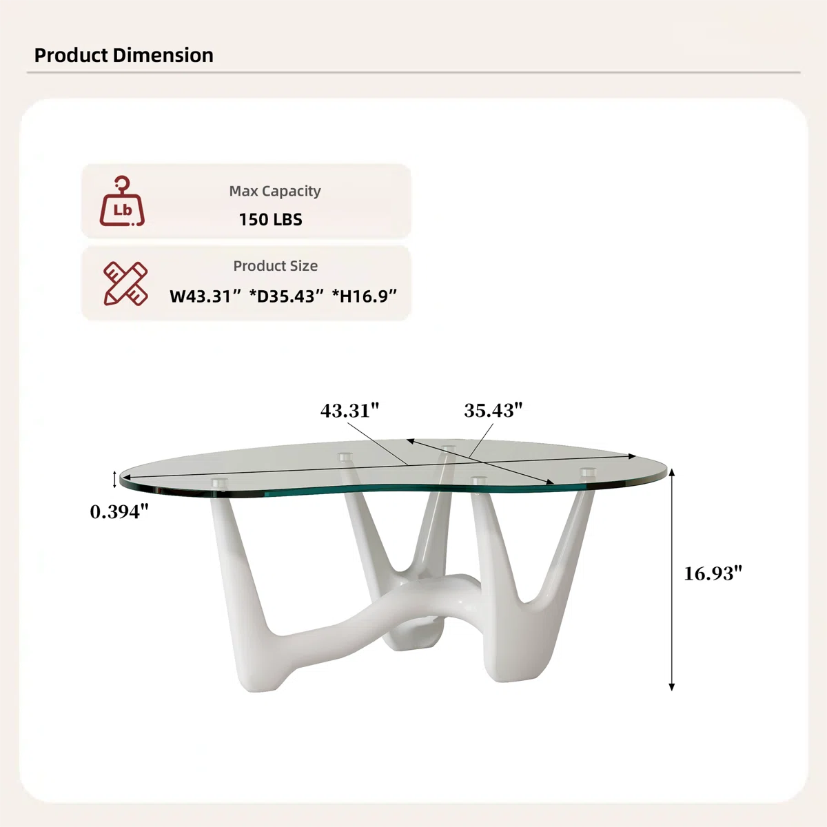 43" Abstract Triangle Glass Coffee Table with Sculptural White Base