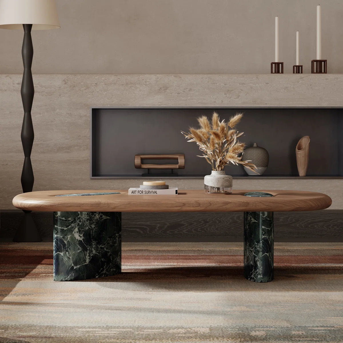 Modern Organic Oval Coffee Table with Faux Marble (Green Finish)