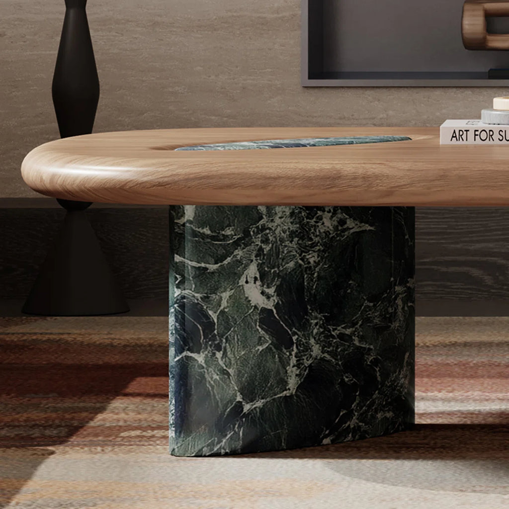 Modern Organic Oval Coffee Table with Faux Marble (Green Finish)